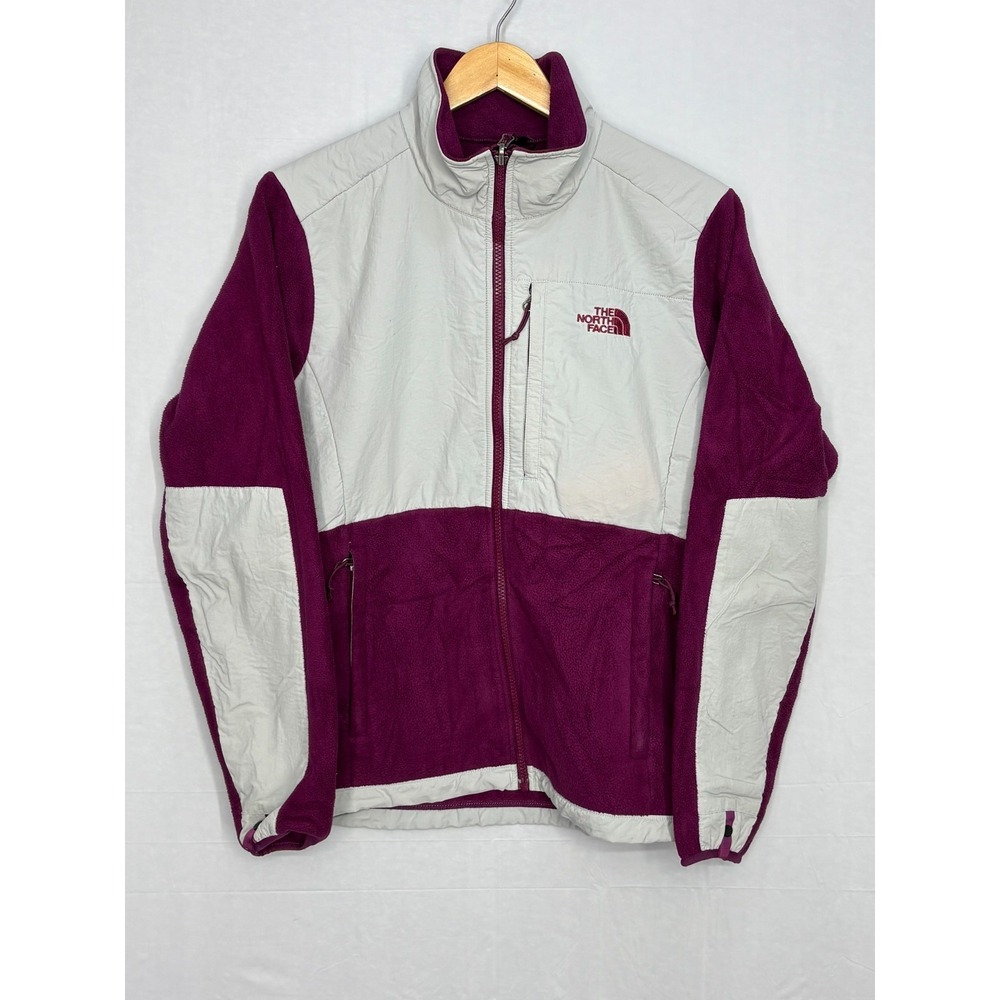North Face Denali Fleece Jacket Womens Purple Gray Logo Long Sleeve Medium